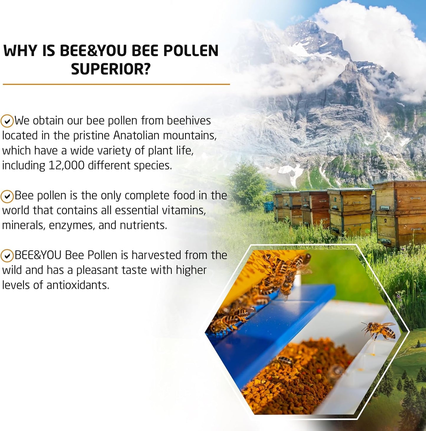 BEE & YOU Bee Pollen Granules Bundle with Natural Propolis Extract Drops - Immune Support Supplement with Antioxidants & Vitamins - 5oz Bag