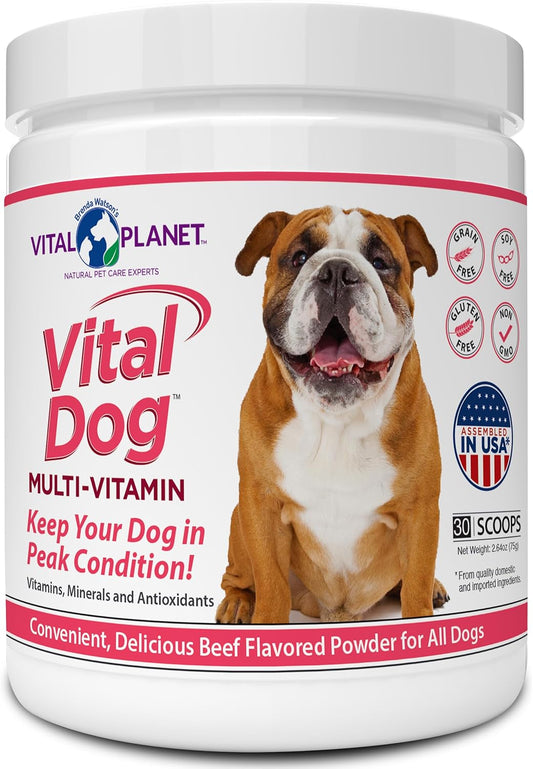 Beef Flavored Dog Multi Vitamin Powder Supplement with Minerals & Antioxidants - 30 Servings, 75g - Vital Planet Vitality for Dogs