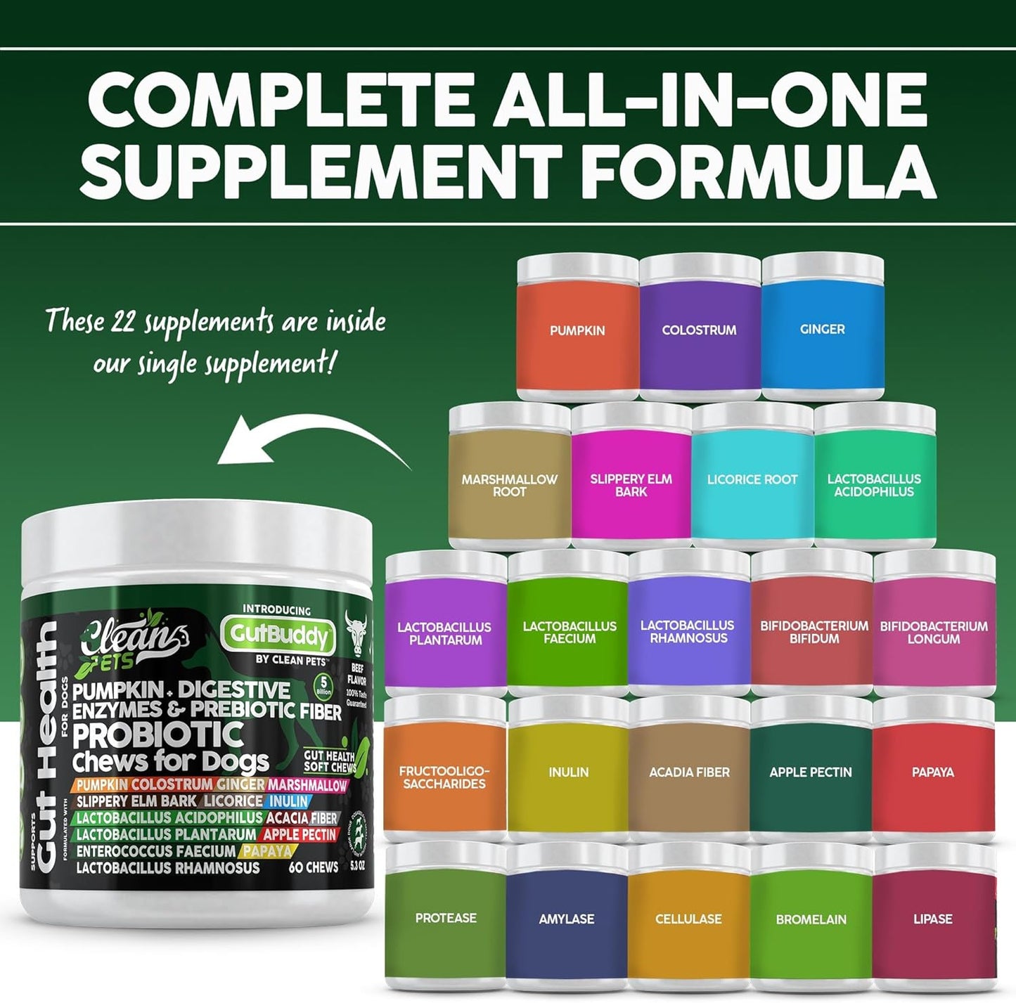 Beef Flavored Soft Chews for Dog Gut Health with Pumpkin, Colostrum, Digestive Enzymes, and More