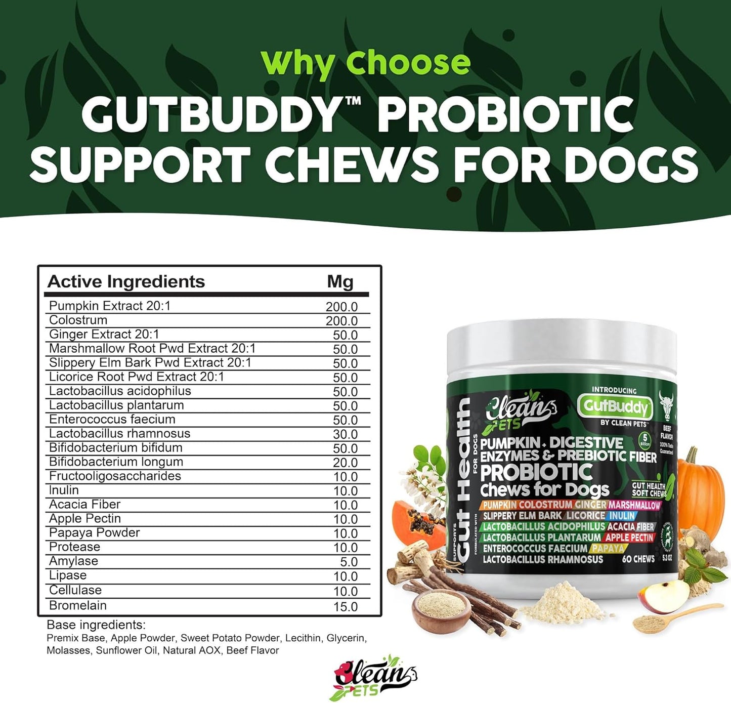 Beef Flavored Soft Chews for Dog Gut Health with Pumpkin, Colostrum, Digestive Enzymes, and More