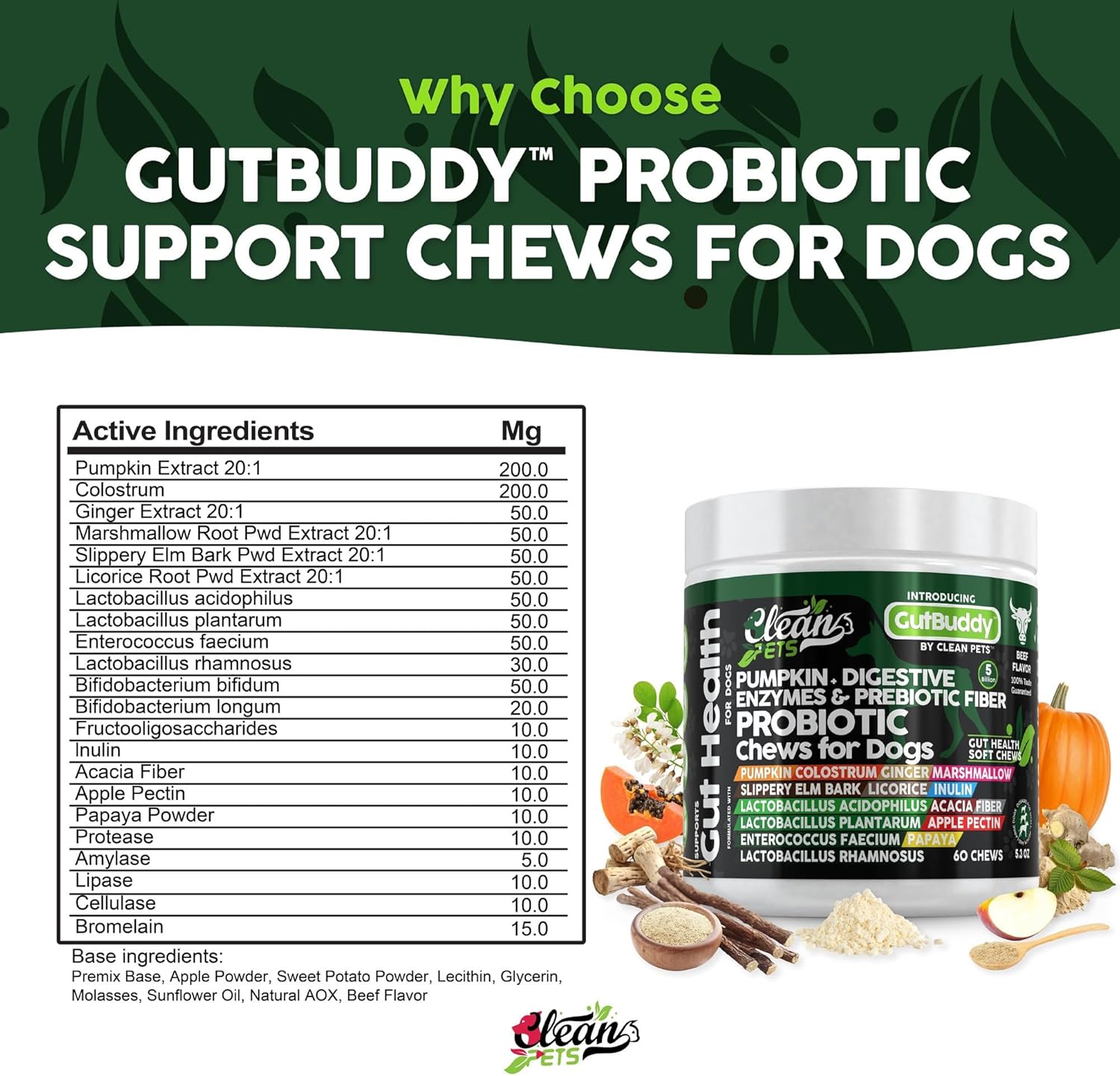 Beef Flavored Soft Chews for Dog Gut Health with Pumpkin, Colostrum, Digestive Enzymes, and More