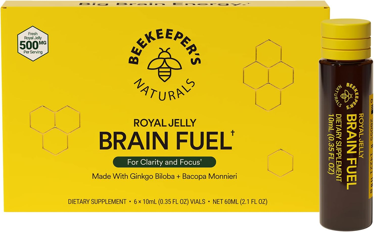 BEEKEEPER'S NATURALS B.LXR Brain Fuel Liquid Formula - Memory, Focus, and Clarity Support with Royal Jelly, Ginkgo Biloba, Bacopa Monnieri - Keto Friendly and Caffeine-Free (6 ct) - BoostGo Australia