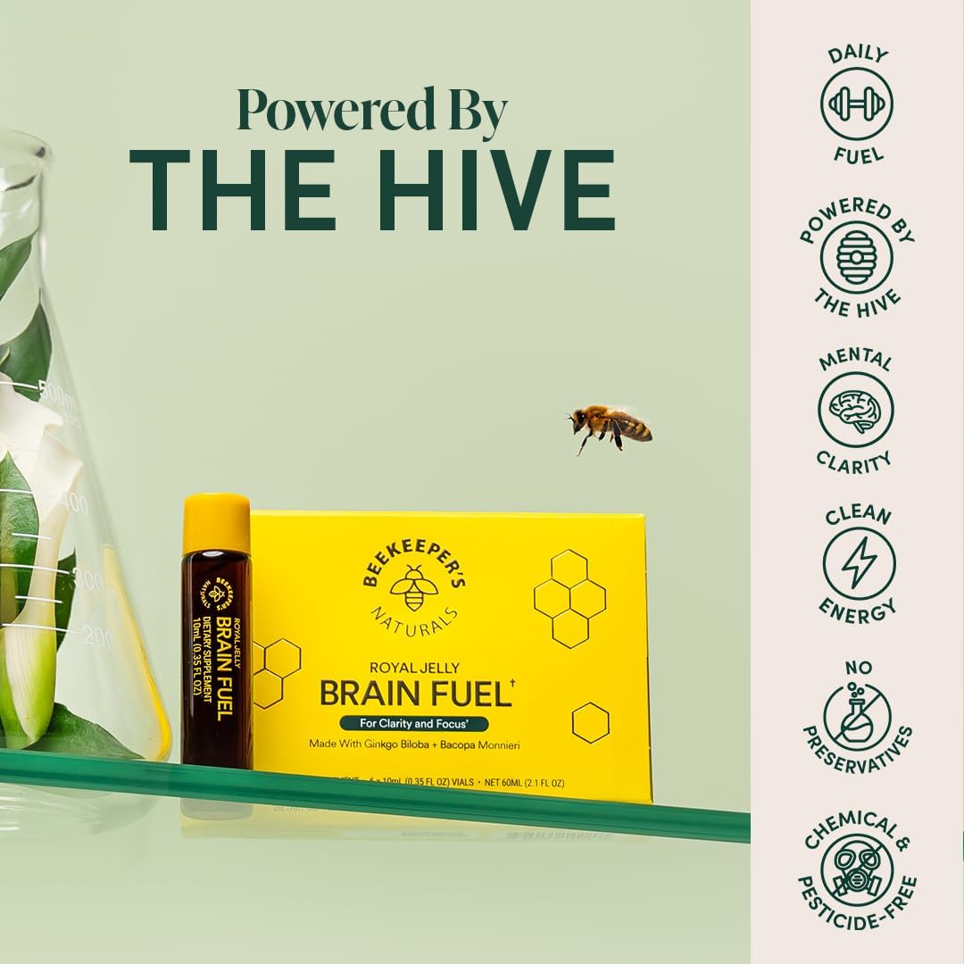 BEEKEEPER'S NATURALS B.LXR Brain Fuel Liquid Formula - Memory, Focus, and Clarity Support with Royal Jelly, Ginkgo Biloba, Bacopa Monnieri - Keto Friendly and Caffeine-Free (6 ct) - BoostGo Australia