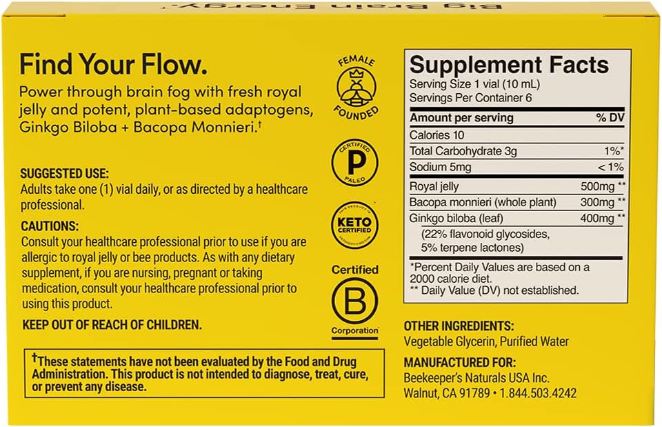 BEEKEEPER'S NATURALS B.LXR Brain Fuel Liquid Formula - Memory, Focus, and Clarity Support with Royal Jelly, Ginkgo Biloba, Bacopa Monnieri - Keto Friendly and Caffeine-Free (6 ct) - BoostGo Australia