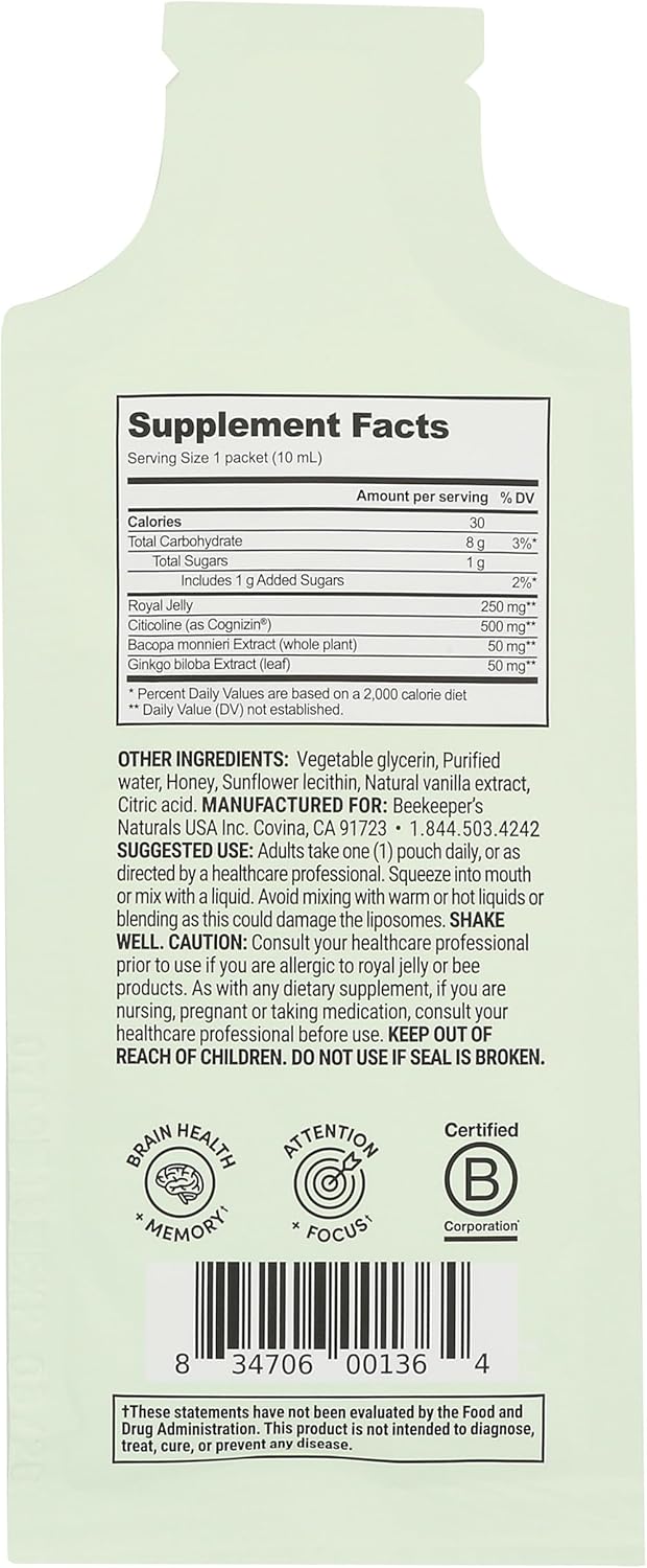 Beekeeper's Naturals Brain Health Royal Jelly Liposomal Single Dose - 0.34 Fluid Ounces