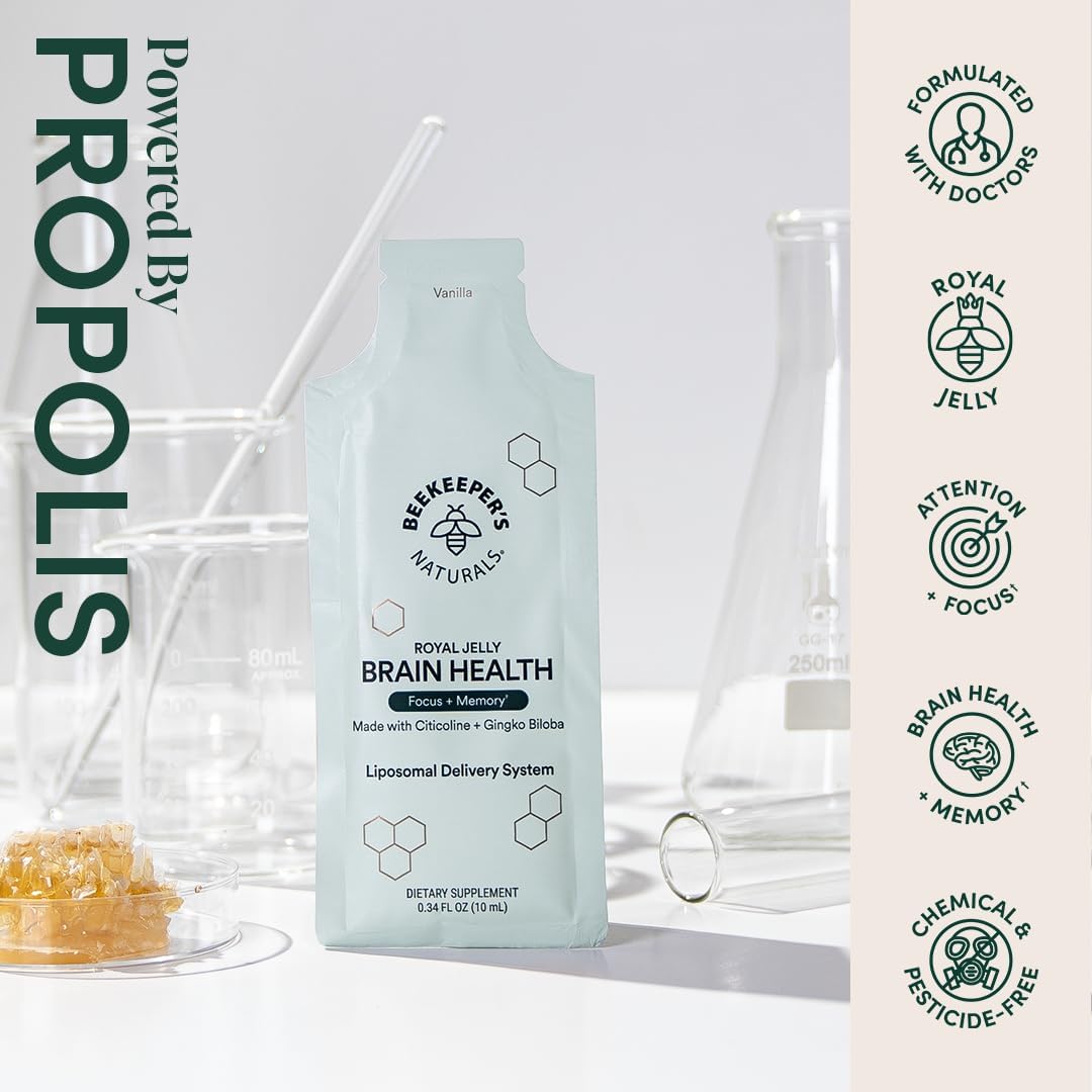 Beekeeper's Naturals Nootropic Brain Supplement with Citicoline, Ginkgo Biloba, Bacopa Monnieri, Royal Jelly - Boosts Focus & Memory, Vanilla Flavor, 30ct