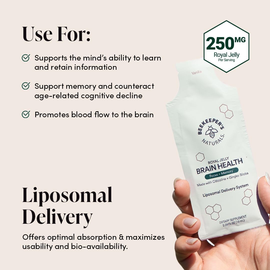 Beekeeper's Naturals Nootropic Brain Supplement with Citicoline, Ginkgo Biloba, Bacopa Monnieri, Royal Jelly - Boosts Focus & Memory, Vanilla Flavor, 30ct