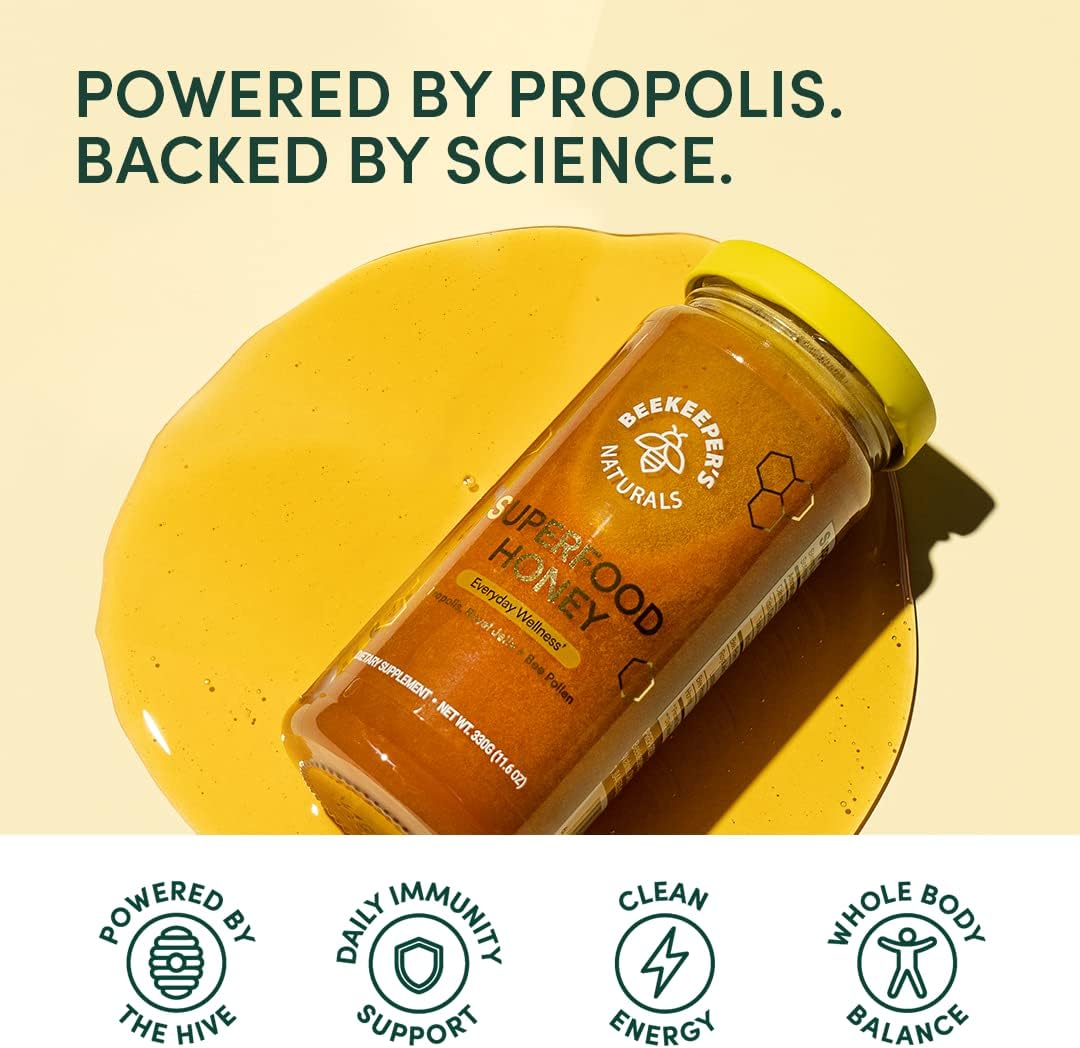 Beekeeper's Naturals Superfood Honey - Energy Boost, Immune Support, Mental Clarity - Bee Pollen, Royal Jelly, Propolis - 11.6 oz - BoostGo Australia