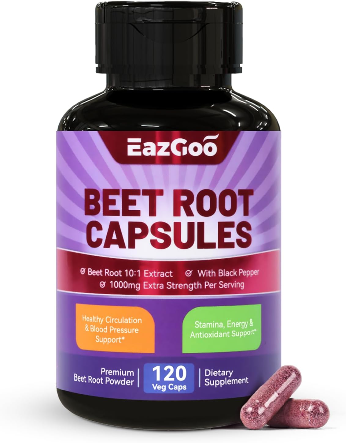 Beet Root Capsules with Black Pepper Extract - 1000mg Per Serving, Supports Nitric Oxide Production & Blood Pressure - 120 Vegan Capsules
