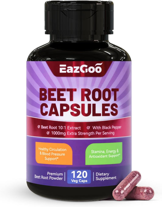 Beet Root Capsules with Black Pepper Extract - 1000mg Per Serving, Supports Nitric Oxide Production & Blood Pressure - 120 Vegan Capsules