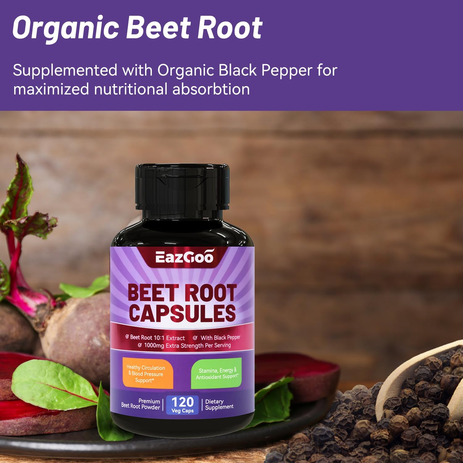 Beet Root Capsules with Black Pepper Extract - 1000mg Per Serving, Supports Nitric Oxide Production & Blood Pressure - 120 Vegan Capsules