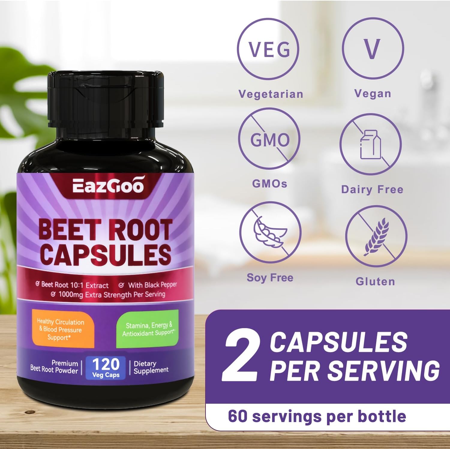 Beet Root Capsules with Black Pepper Extract - 1000mg Per Serving, Supports Nitric Oxide Production & Blood Pressure - 120 Vegan Capsules