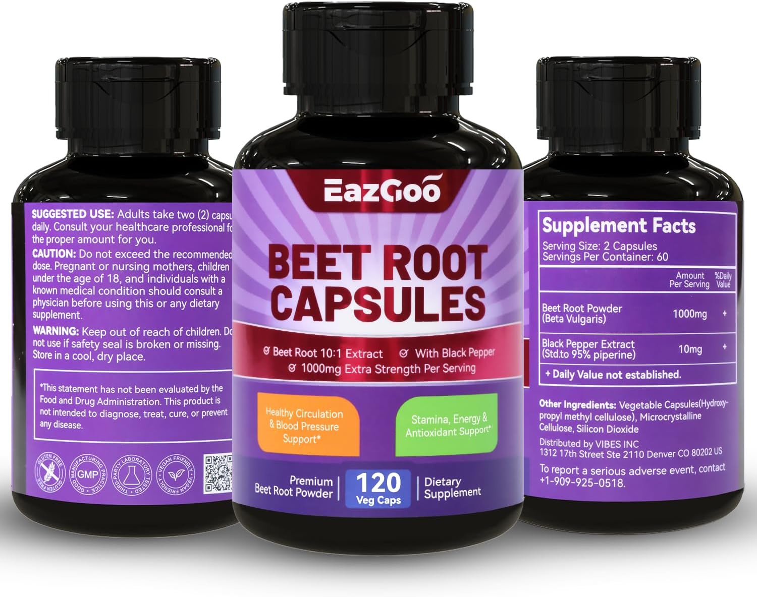 Beet Root Capsules with Black Pepper Extract - 1000mg Per Serving, Supports Nitric Oxide Production & Blood Pressure - 120 Vegan Capsules