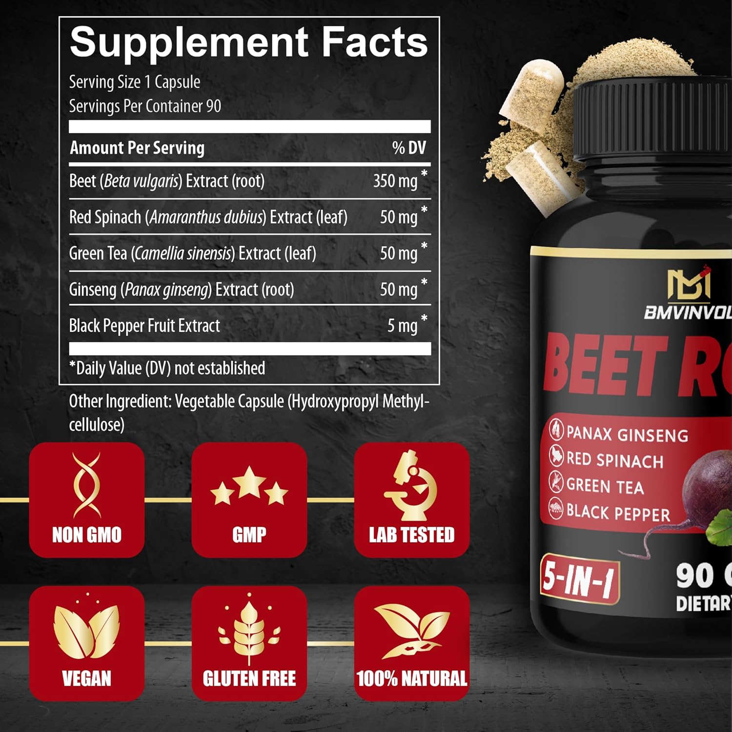 Beet Root Capsules with Green Tea, Red Spinach, Ginseng, Black Pepper - 90 Count - 3 Month Supply - BoostGo Australia