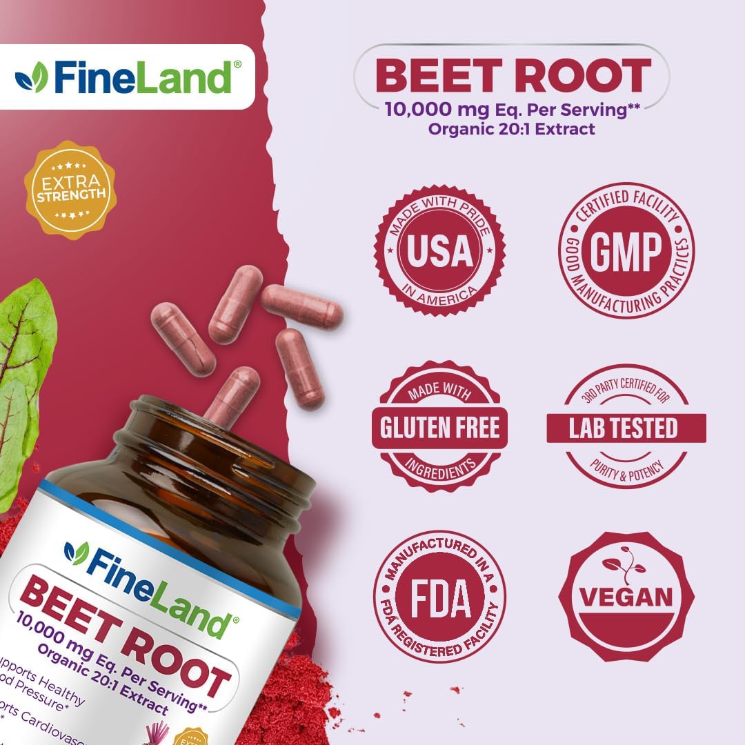Beet Root Extract Capsules 10,000 mg Equivalent, 20x Full Spectrum, Extra Strength for Cardiovascular & Athletic Support, 120 Vegan Pills