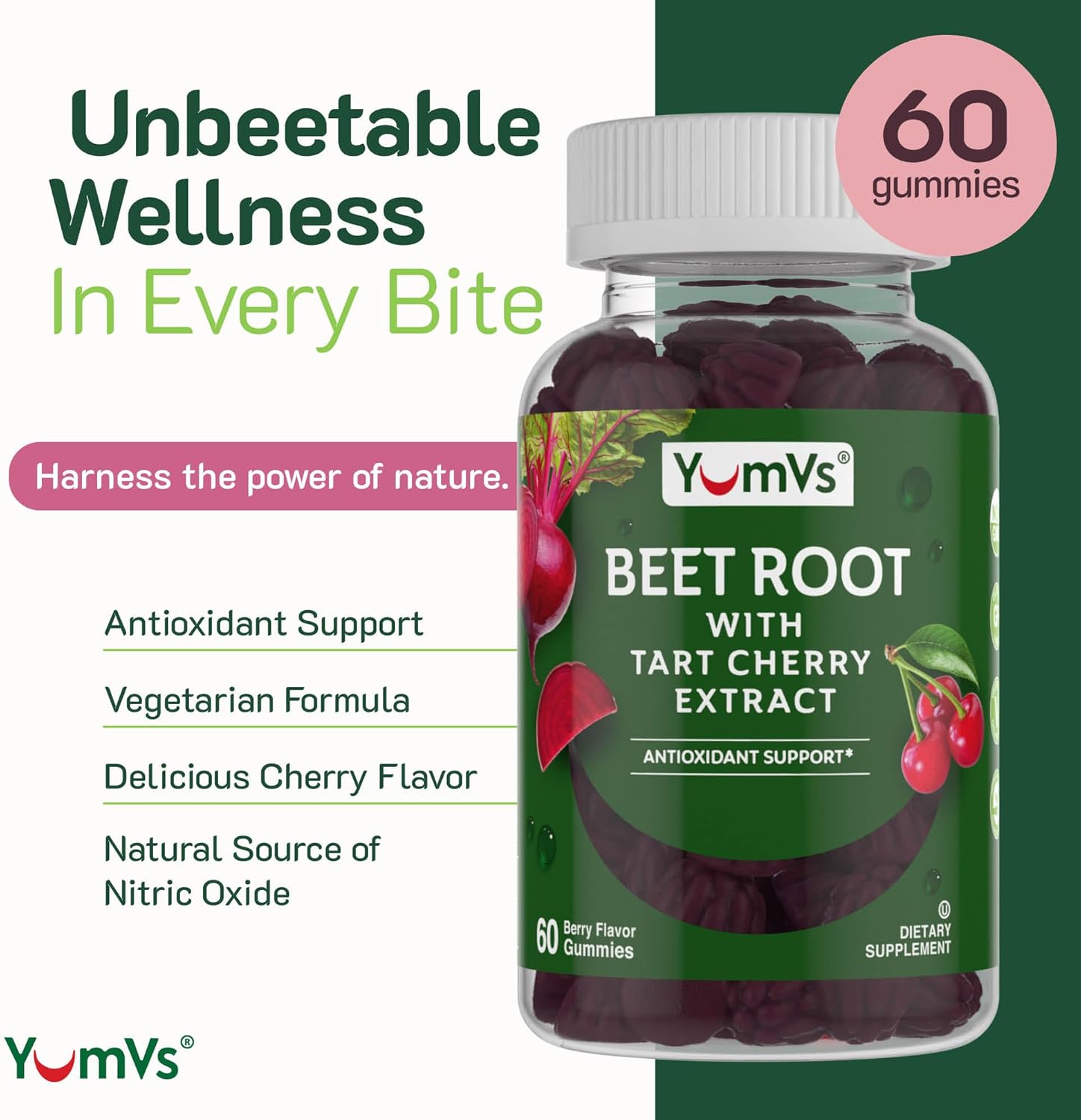 Beet Root Gummies with Tart Cherry Extract - Berry Flavor for Blood Circulation and Antioxidant Support - Pack of 2 - 60 Count