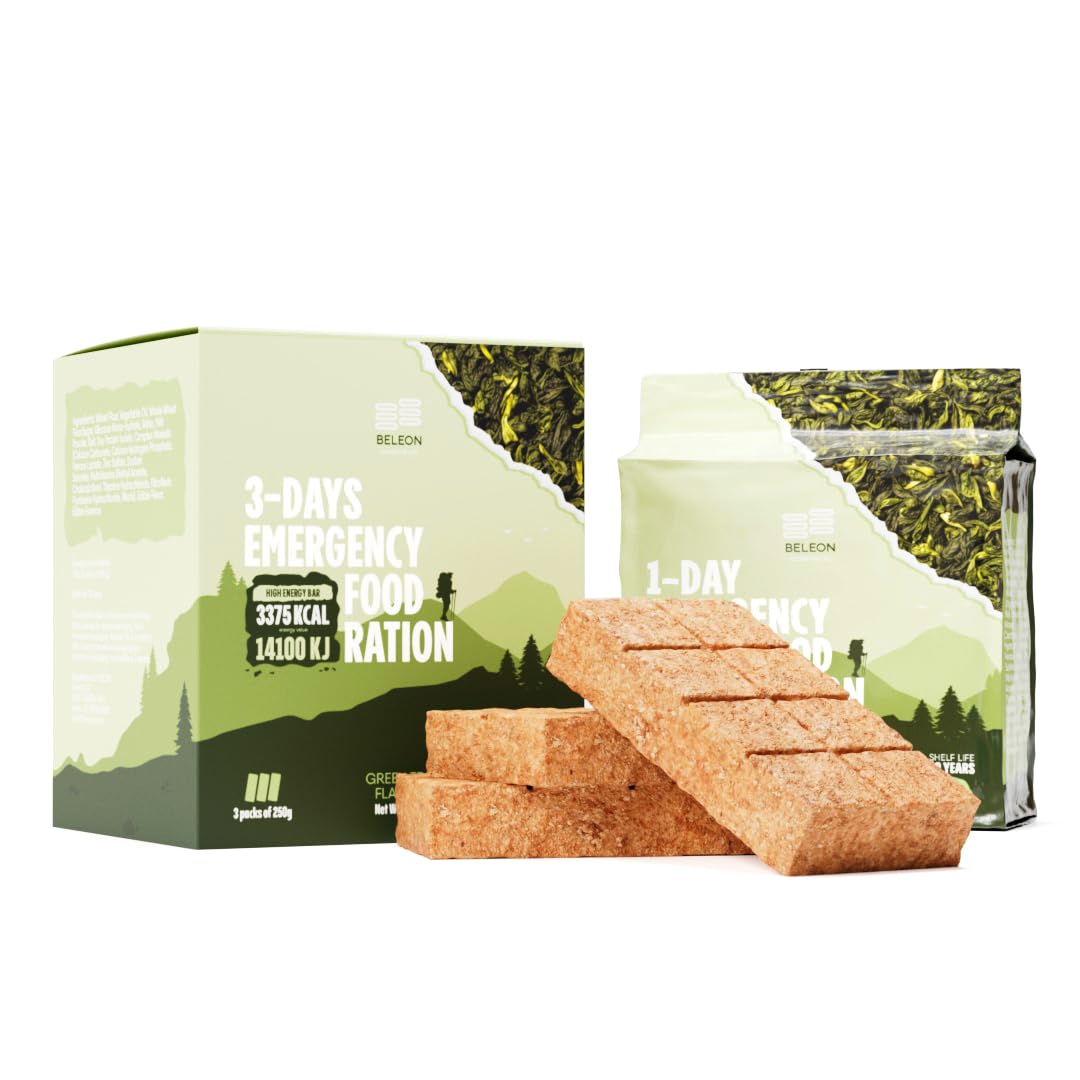 Beleon Goods For Life Green Tea Emergency Food Supply - 3-Day MRE Survival Kit with Biscuit Bars for Camping & Hiking, 20-Year Shelf Life