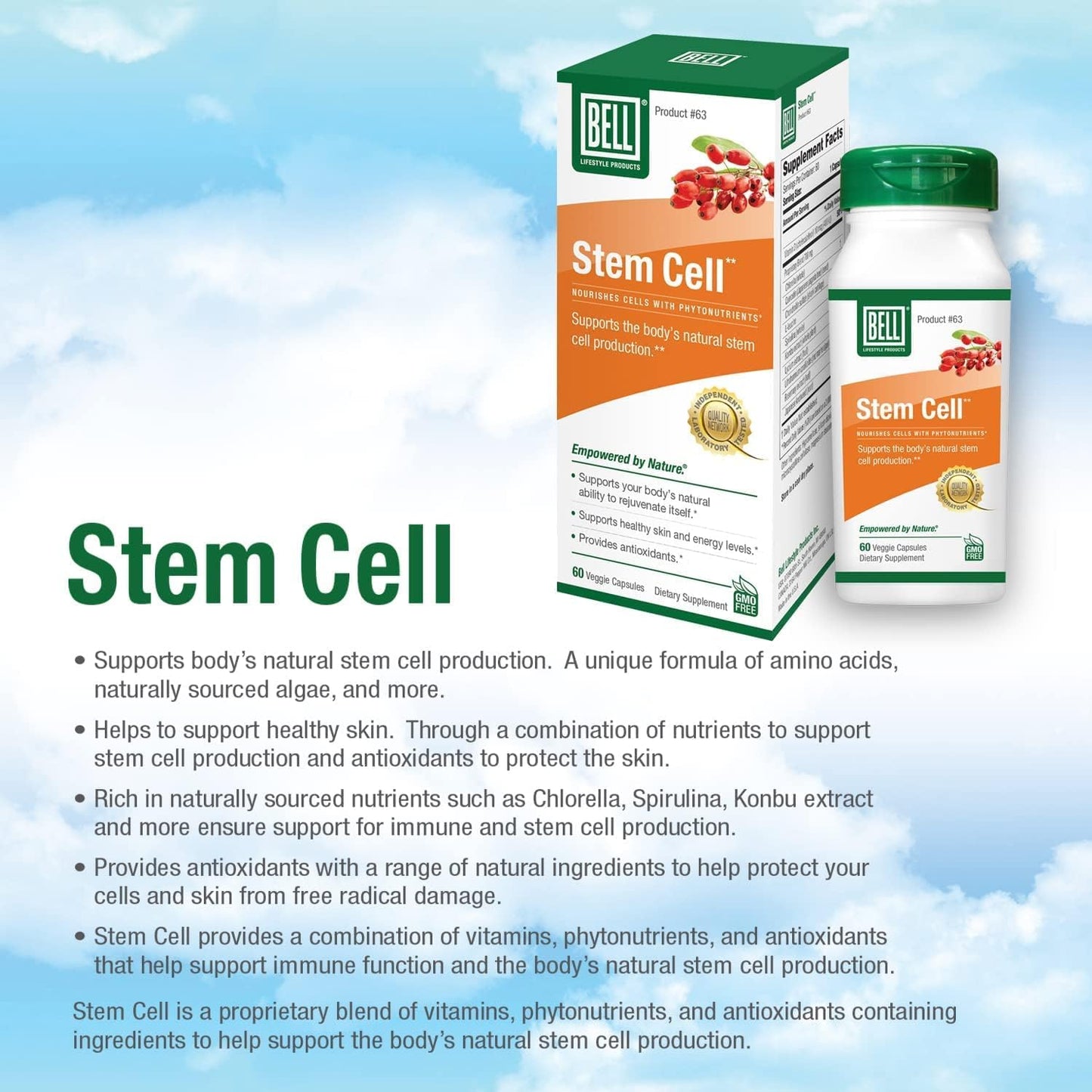Bell Stem Cell Supplements - Promotes Natural Cell Regeneration & Tissue Rejuvenation | 2-Pack Celulas Madres | 60 Capsules