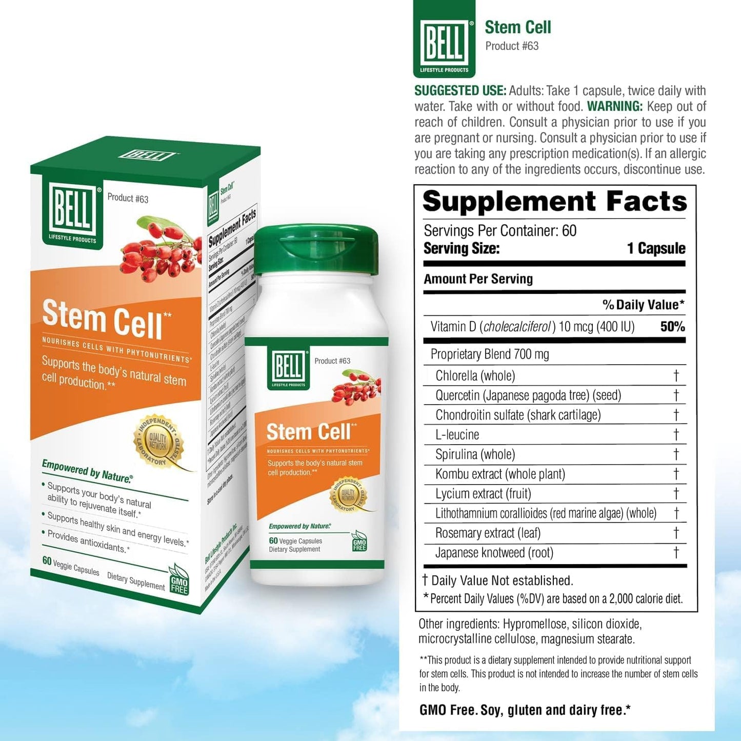 Bell Stem Cell Supplements - Promotes Natural Cell Regeneration & Tissue Rejuvenation | 2-Pack Celulas Madres | 60 Capsules