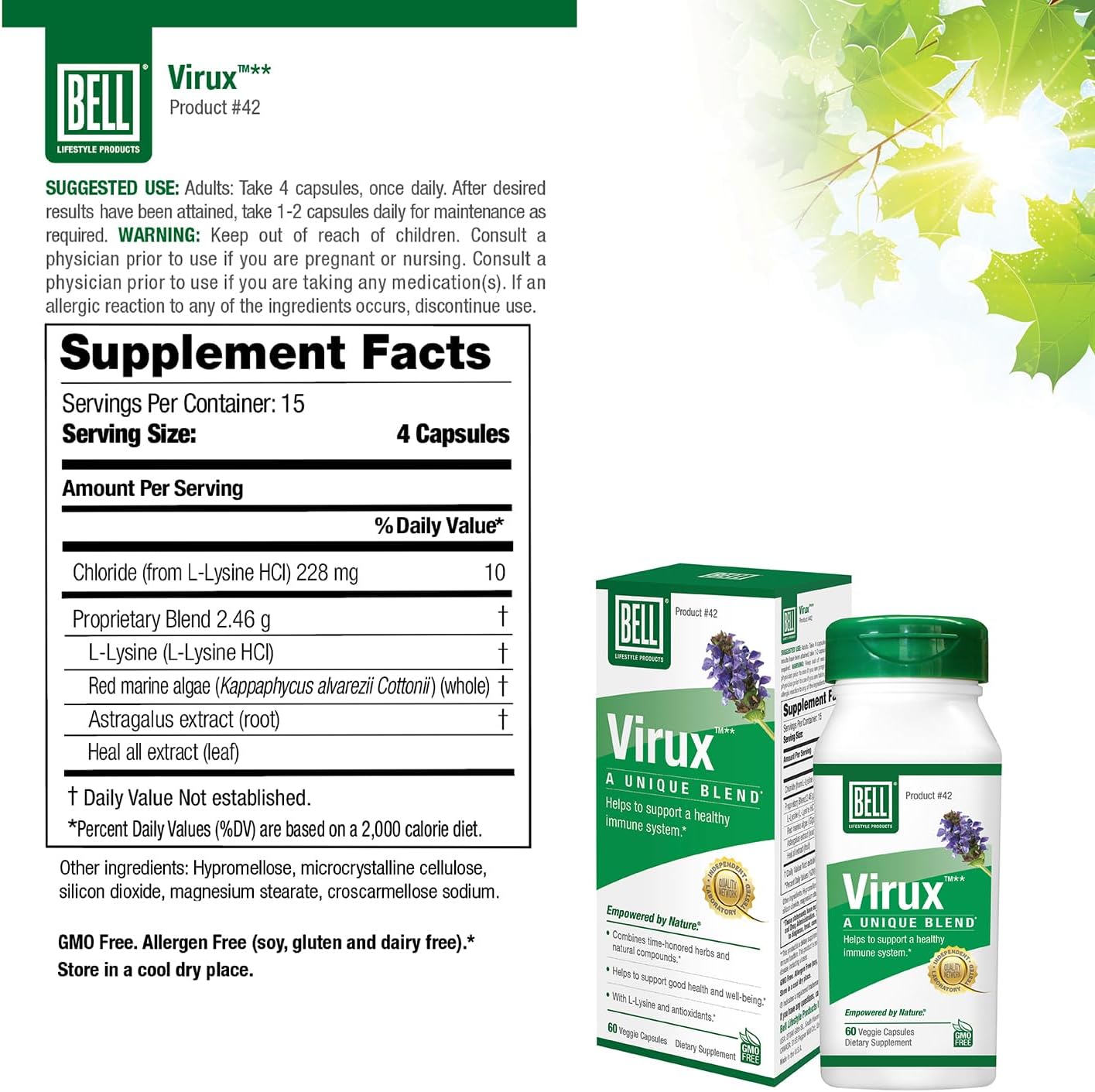 Bell Virux™ L Lysine and Red Marine - Herbal Supplement for Immune System Support with 1000mg Lysine Capsules