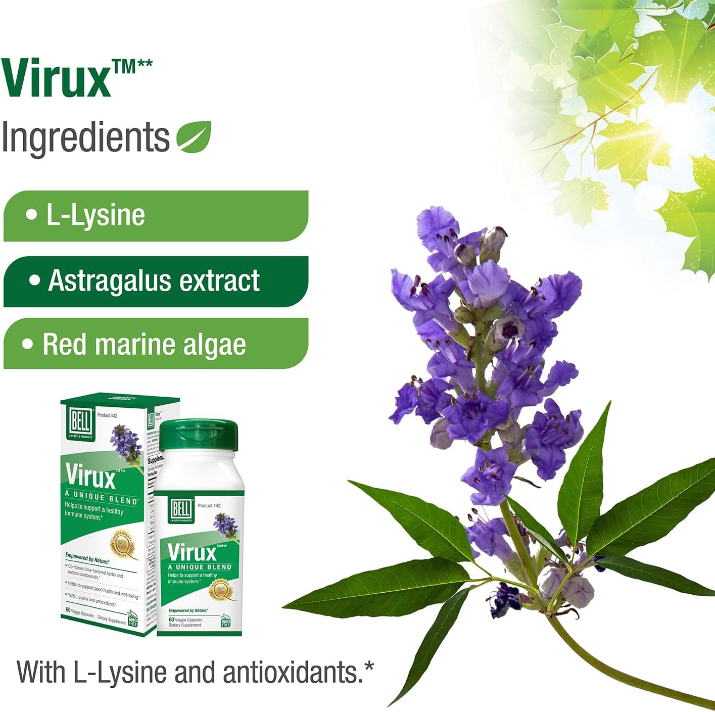 Bell Virux™ L Lysine and Red Marine - Herbal Supplement for Immune System Support with 1000mg Lysine Capsules