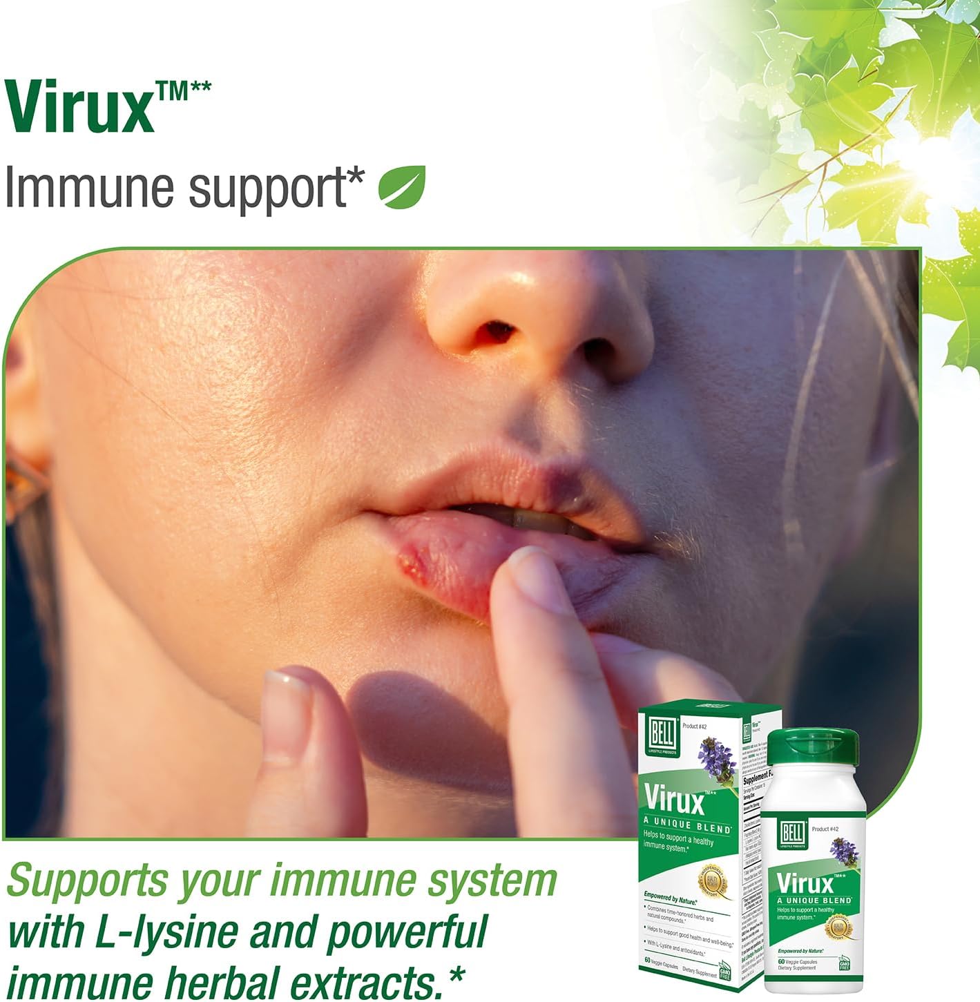 Bell Virux™ L Lysine and Red Marine - Herbal Supplement for Immune System Support with 1000mg Lysine Capsules