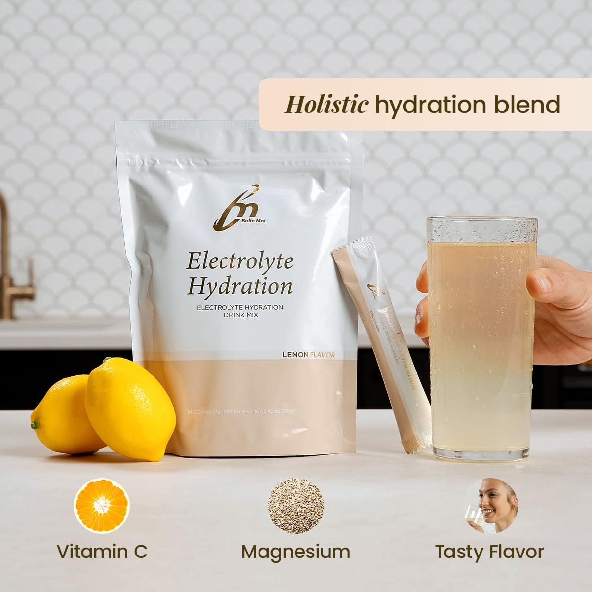 Belle Moi Lemon Flavor Electrolyte Hydration Packets - Sugar-Free Powder Drink Mix - Health & Beauty - Non-GMO - Vegan Paleo Keto - 10 Calories