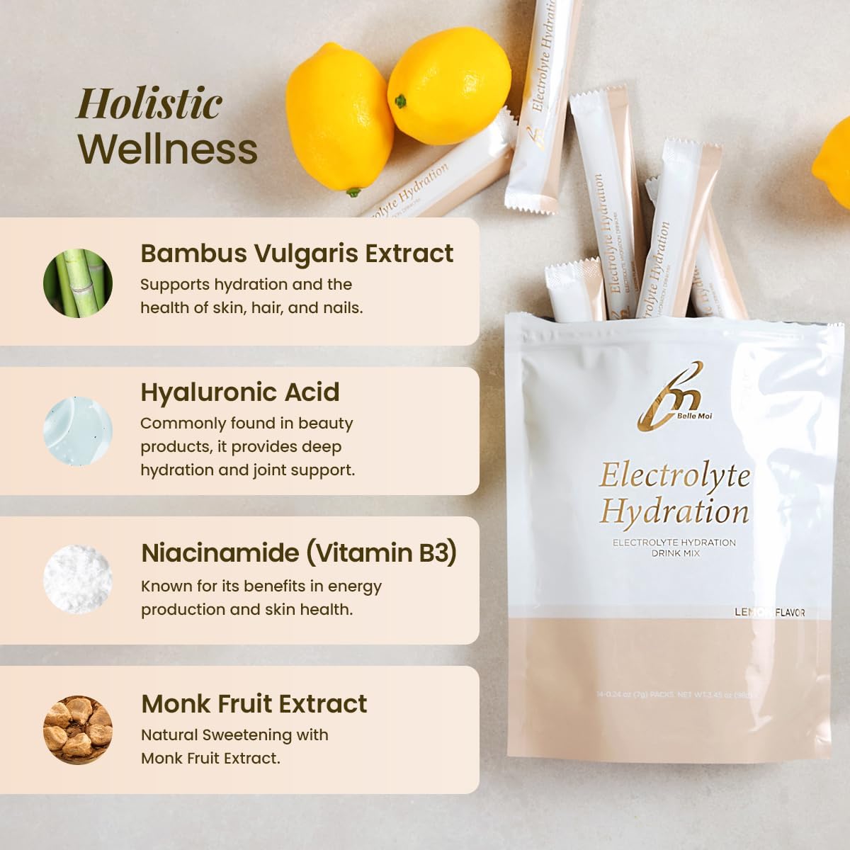 Belle Moi Lemon Flavor Electrolyte Hydration Packets - Sugar-Free Powder Drink Mix - Health & Beauty - Non-GMO - Vegan Paleo Keto - 10 Calories