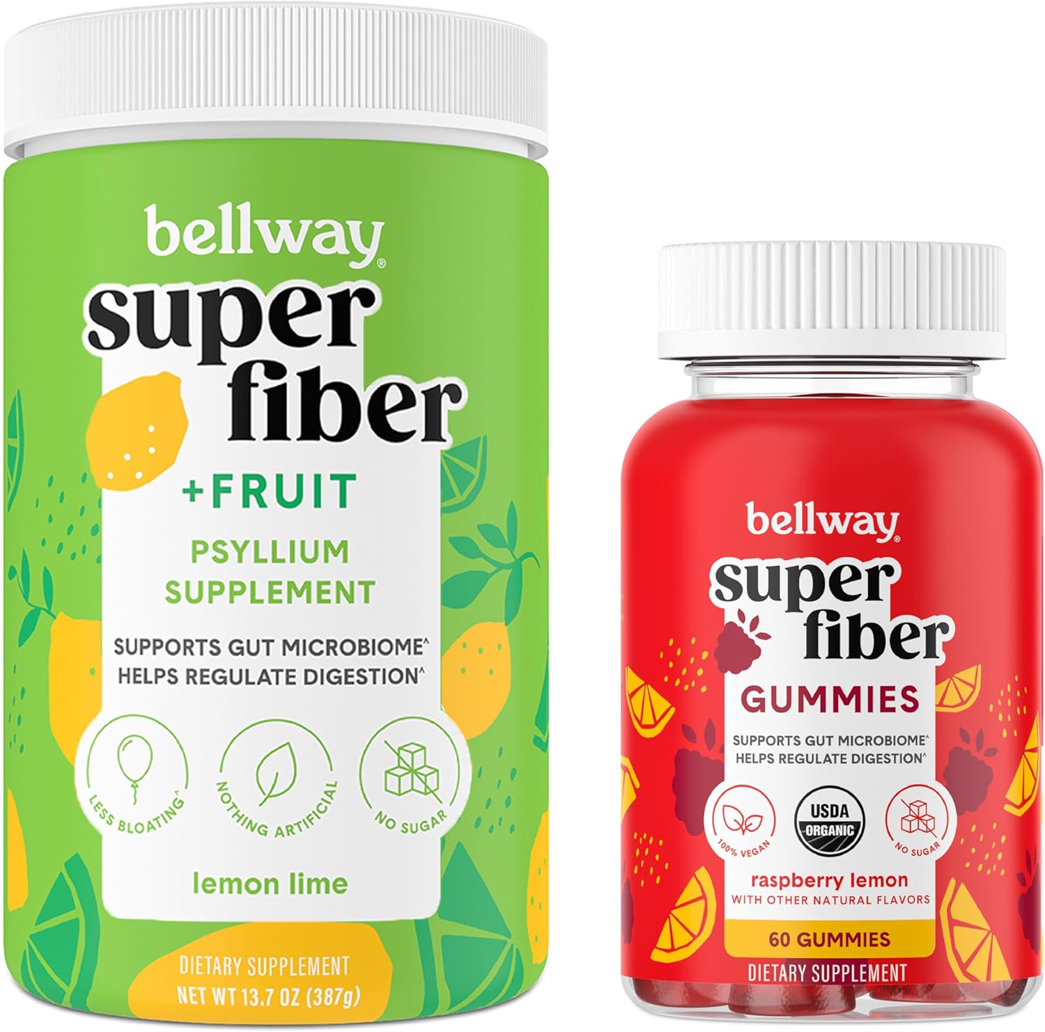 Bellway Super Fiber Powder and Fruit Lemon Lime Gummies - Fiber-Rich Supplements for Digestive Health