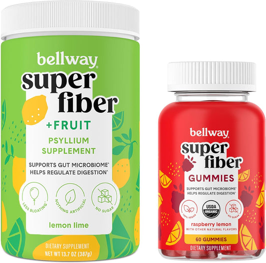 Bellway Super Fiber Powder and Fruit Lemon Lime Gummies - Fiber-Rich Supplements for Digestive Health