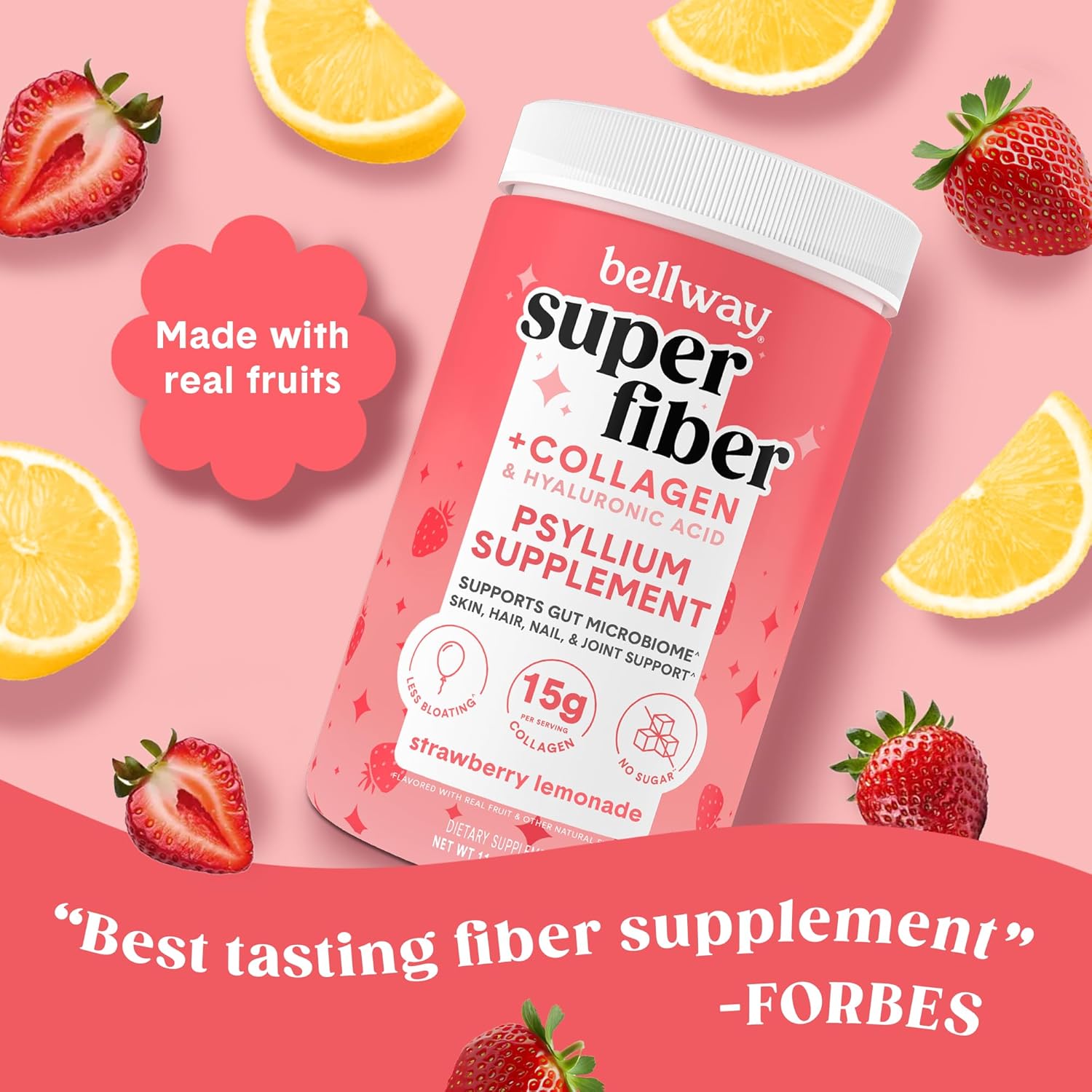 Bellway Super Fiber Powder + Collagen (4 Pack) - Strawberry Lemonade Flavor for Gut Health & Healthy Skin - Sugar-Free Psyllium Husk Powder with Collagen Peptides (45.84 oz)