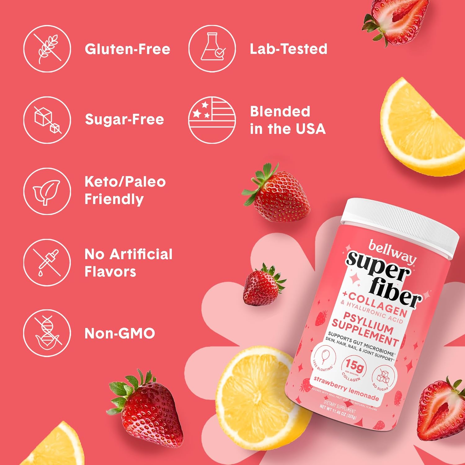 Bellway Super Fiber Powder + Collagen (4 Pack) - Strawberry Lemonade Flavor for Gut Health & Healthy Skin - Sugar-Free Psyllium Husk Powder with Collagen Peptides (45.84 oz)