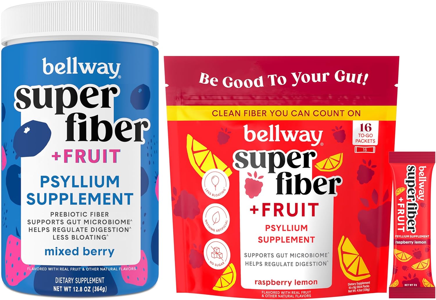 Bellway Super Fiber Powder Packets with Mixed Berry and Raspberry Lemon Fruits