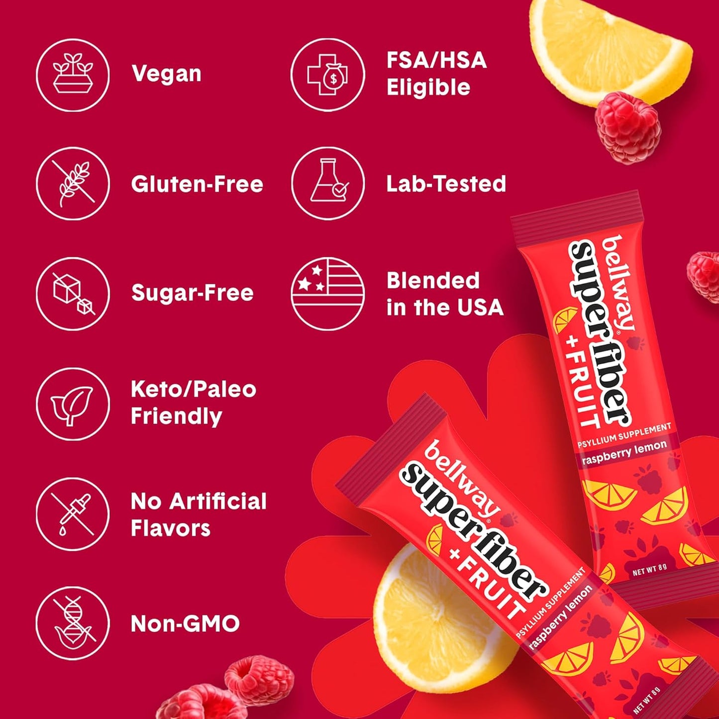 Bellway Super Fiber Powder Packets with Mixed Berry and Raspberry Lemon Fruits