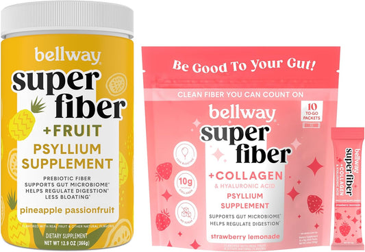 Bellway Super Fiber Powder with Pineapple Passion Fruit Flavor - Collagen Enriched Strawberry Lemonade Packets