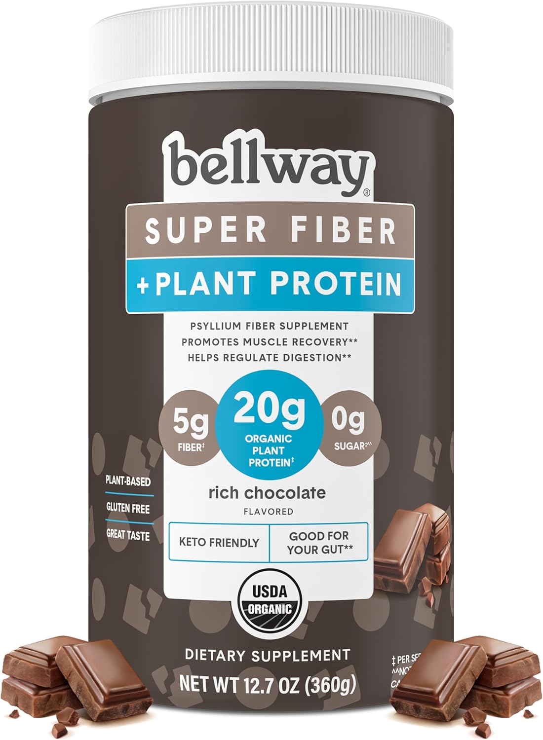 Bellway Super Fiber + Protein Powder: Rich Chocolate, 12.7 oz - Organic Sugar-Free Psyllium Husk Fiber Supplement with 20g Plant Protein