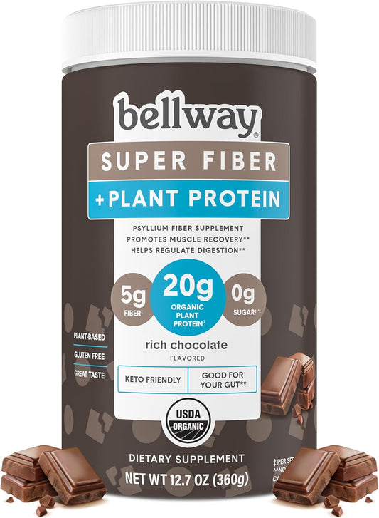 Bellway Super Fiber + Protein Powder: Rich Chocolate, 12.7 oz - Organic Sugar-Free Psyllium Husk Fiber Supplement with 20g Plant Protein