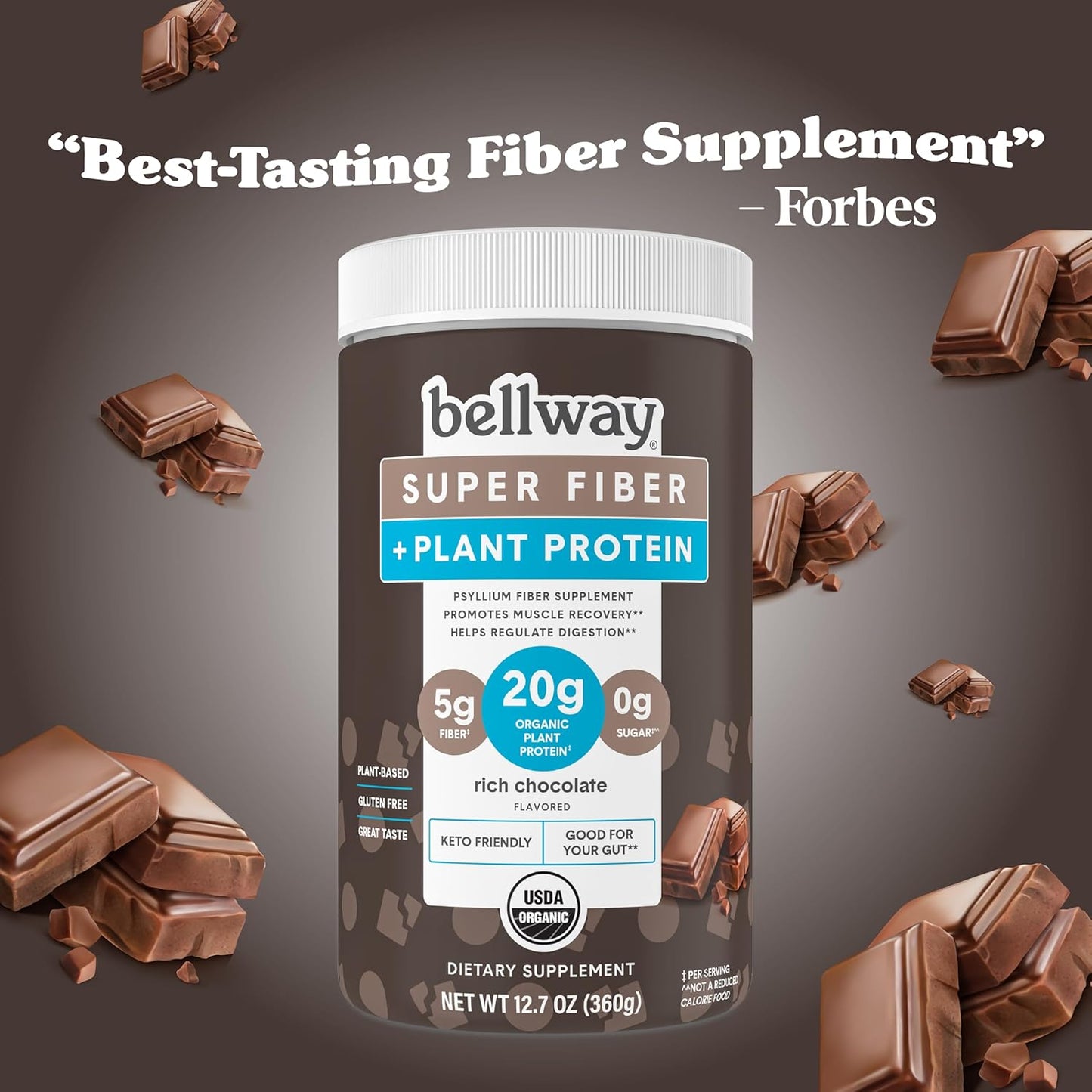Bellway Super Fiber + Protein Powder: Rich Chocolate, 12.7 oz - Organic Sugar-Free Psyllium Husk Fiber Supplement with 20g Plant Protein