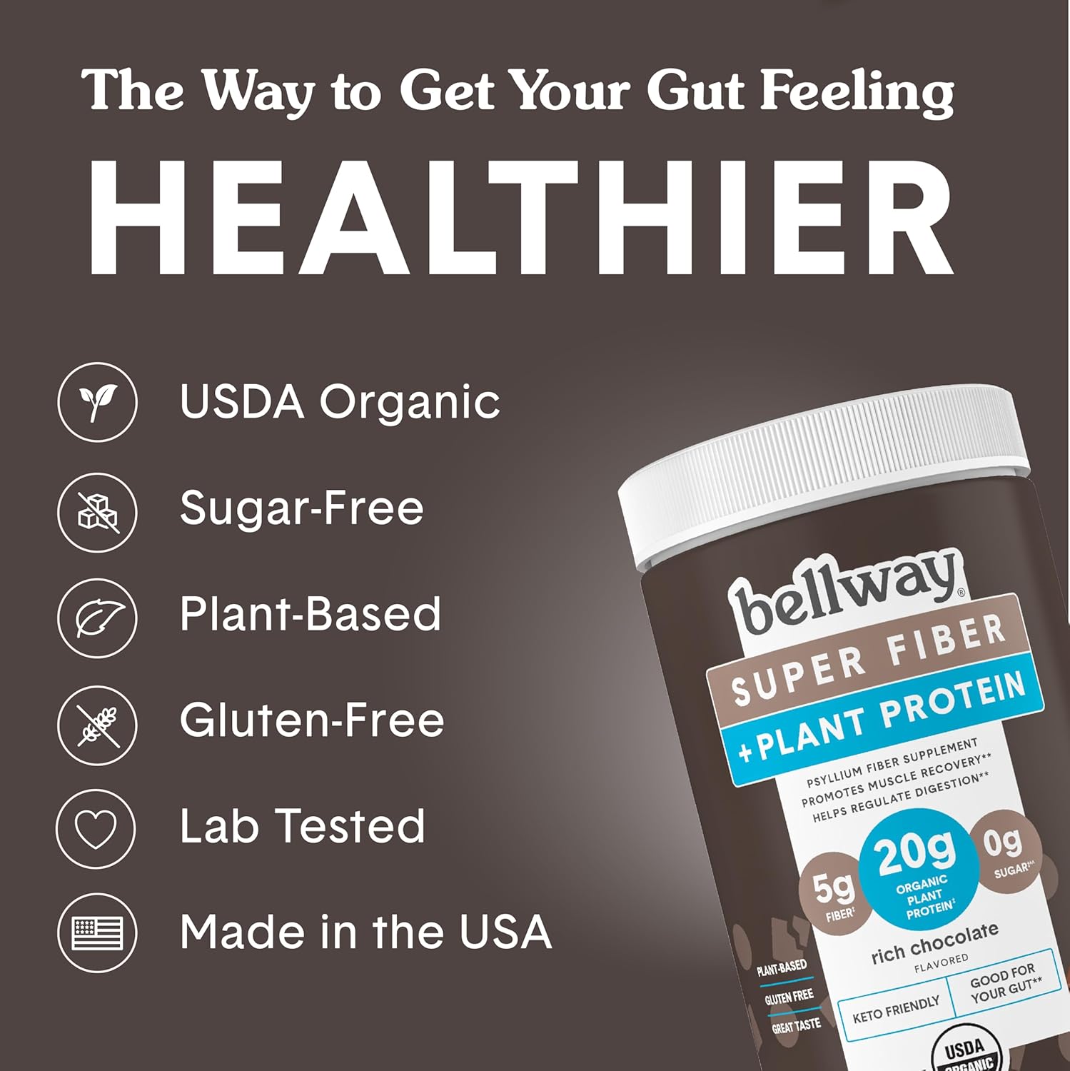 Bellway Super Fiber + Protein Powder: Rich Chocolate, 12.7 oz - Organic Sugar-Free Psyllium Husk Fiber Supplement with 20g Plant Protein