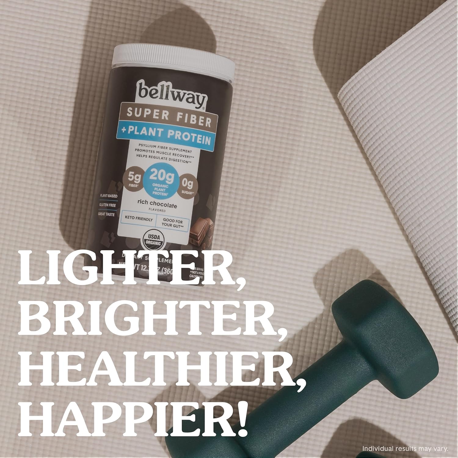 Bellway Super Fiber + Protein Powder: Rich Chocolate, 12.7 oz - Organic Sugar-Free Psyllium Husk Fiber Supplement with 20g Plant Protein