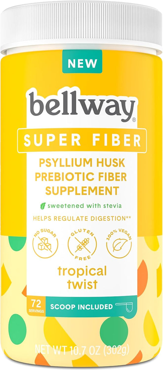 Bellway Super Fiber Supplement Powder - Tropical Twist Flavor, 72 Servings, Vegan & Gluten Free with Psyllium Husk, No Added Sugar