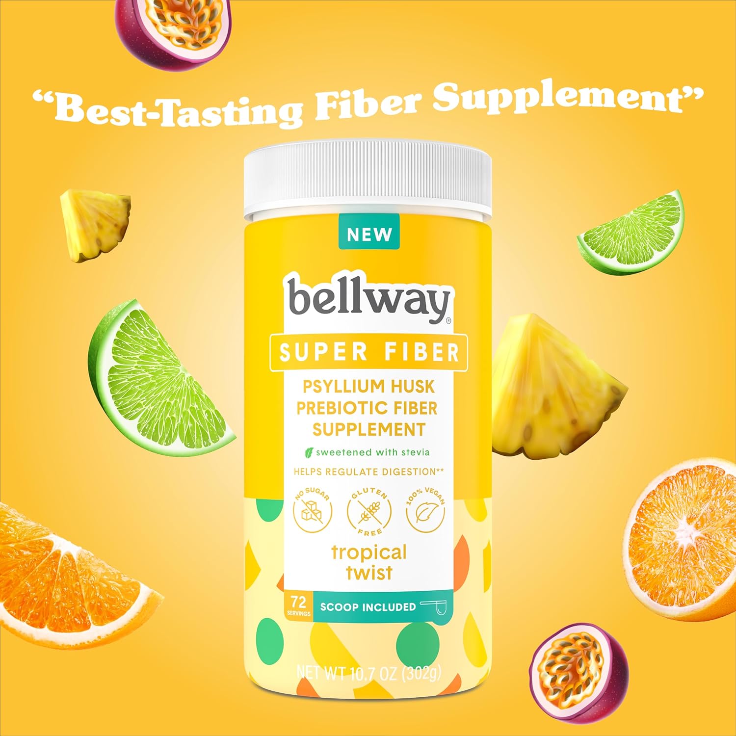 Bellway Super Fiber Supplement Powder - Tropical Twist Flavor, 72 Servings, Vegan & Gluten Free with Psyllium Husk, No Added Sugar