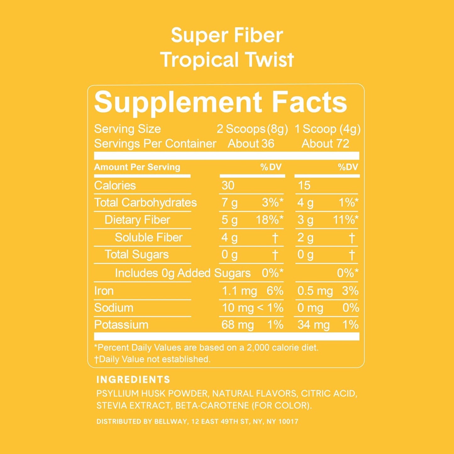 Bellway Super Fiber Supplement Powder - Tropical Twist Flavor, 72 Servings, Vegan & Gluten Free with Psyllium Husk, No Added Sugar