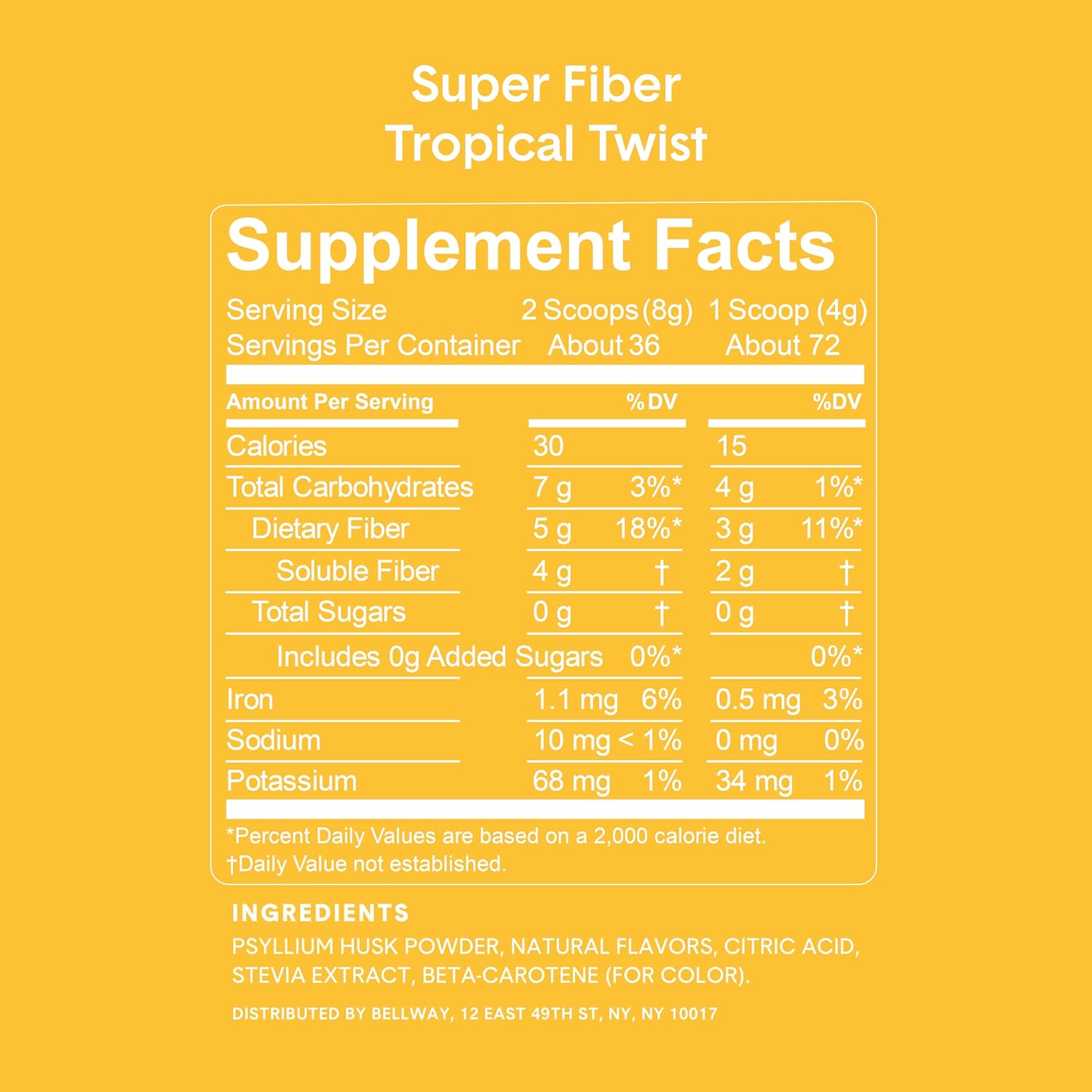 Bellway Super Fiber Supplement Powder - Tropical Twist Flavor, 72 Servings, Vegan & Gluten Free with Psyllium Husk, No Added Sugar