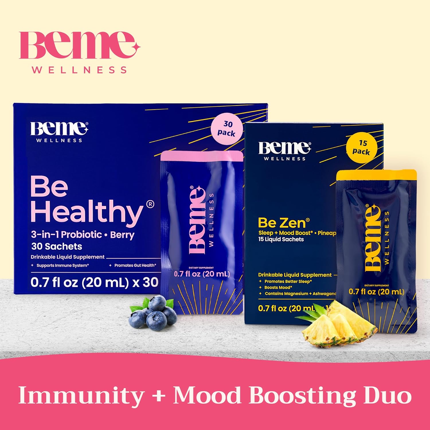 BeMe BeHealthy & BeZen Bundle - Liquid Probiotics with Magnesium Glycinate L-Theanine Supplements