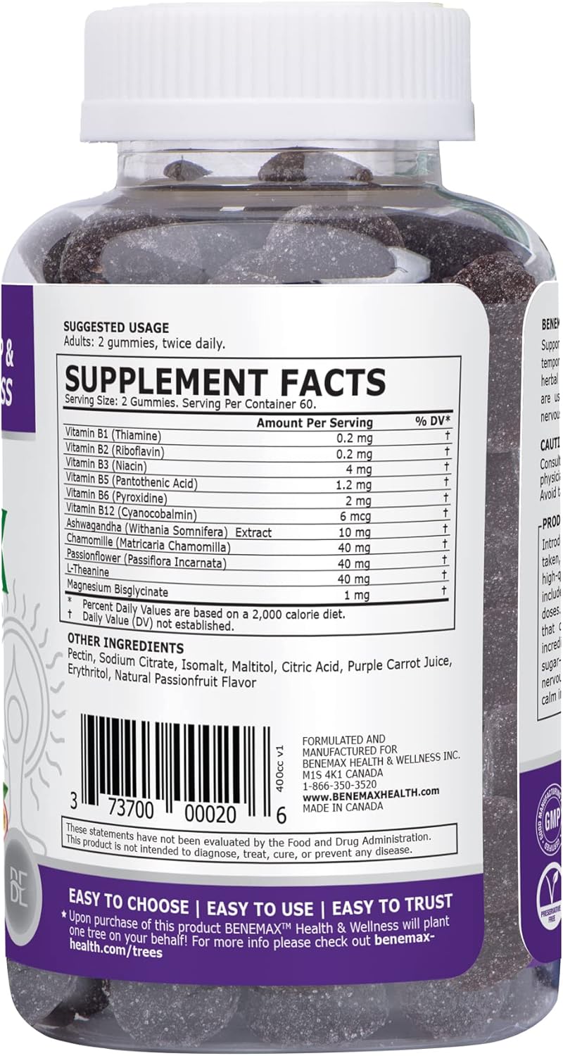 Benemax Calm Gummies with Ashwagandha, Magnesium, L-Theanine for Relaxation and Sleep - Vegan, Gelatin-Free, Gluten-Free - 120 Gummies