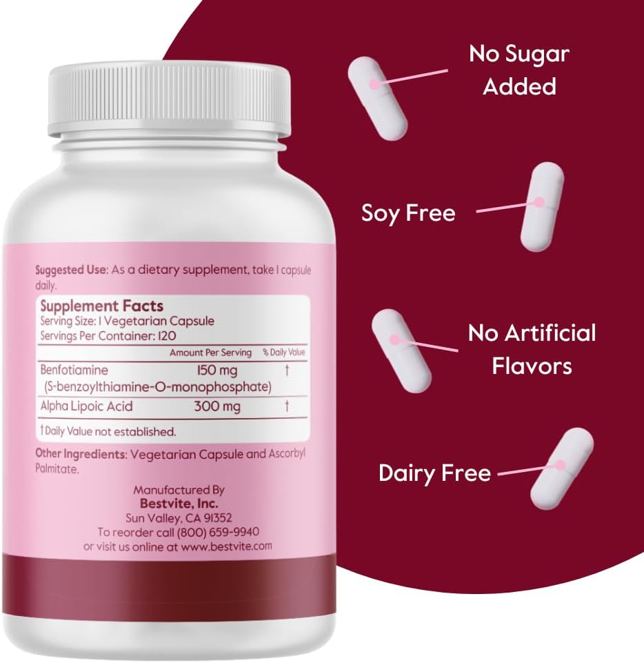Benfotiamine 150mg and Alpha Lipoic Acid 300mg Capsules - Vegan, Gluten-Free, Non-GMO - 120 Vegetarian Capsules - No Stearates