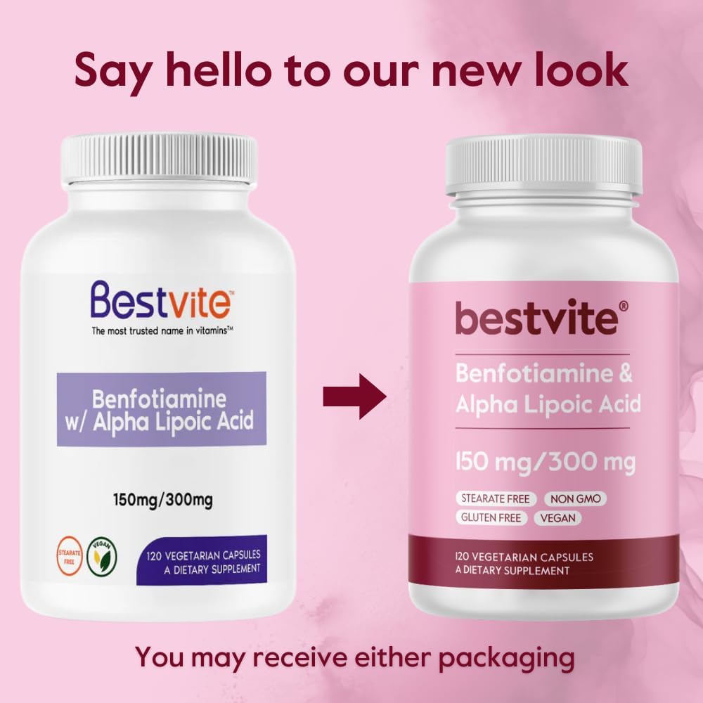 Benfotiamine 150mg and Alpha Lipoic Acid 300mg Capsules - Vegan, Gluten-Free, Non-GMO - 120 Vegetarian Capsules - No Stearates