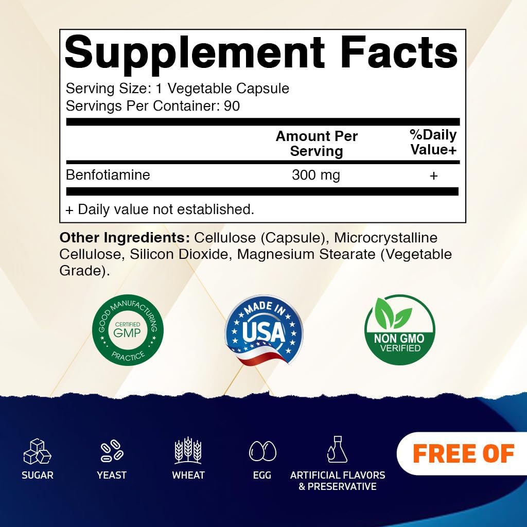 Benfotiamine 300 mg Vegetarian Capsules - Fat Soluble Vitamin B1 Supplement (270 Count)
