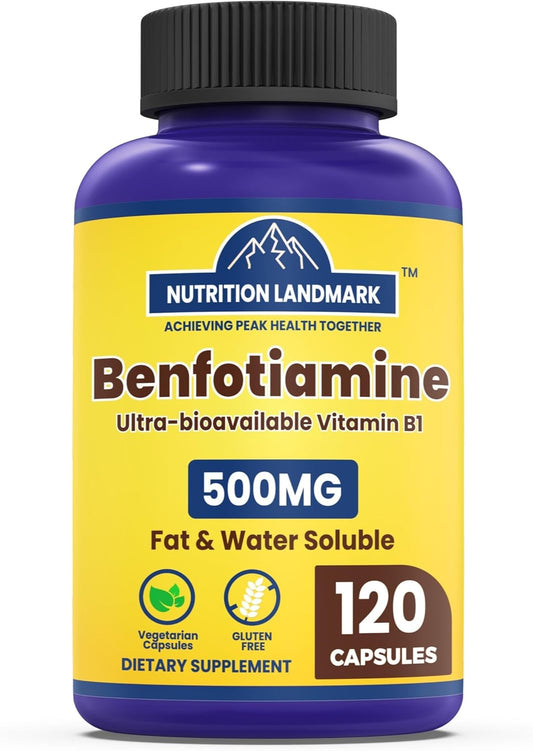 Benfotiamine 500mg Capsules - Gluten Free Thiamine B1 Supplement - 120 Count Bottle